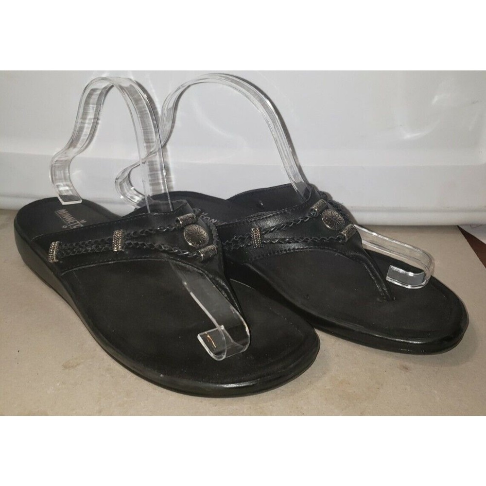 MINNETONKA Mocassins Black Leather Slide On Silverthorne Thong Sandals Size 9